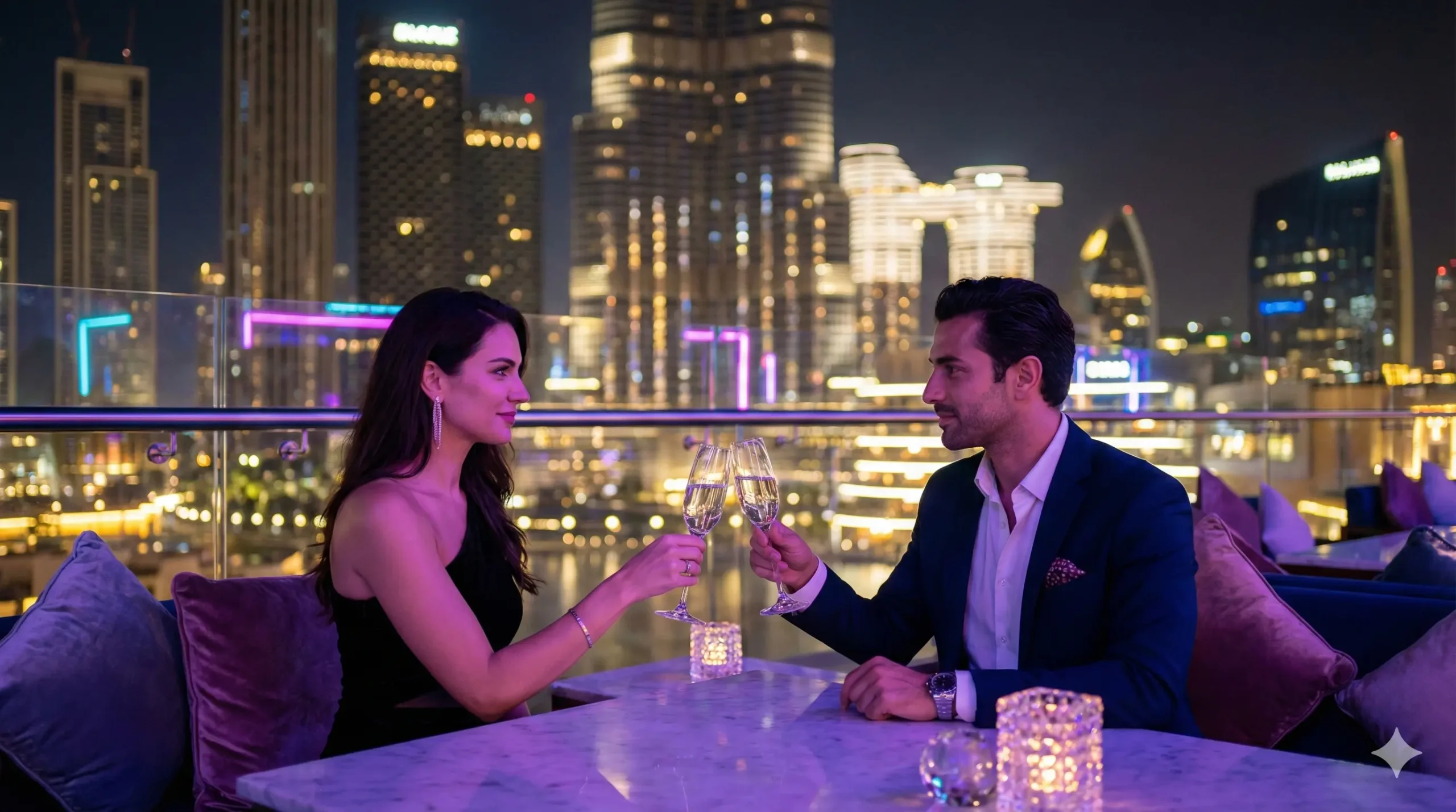 Couple celebrating New Year's Eve at a rooftop bar in Downtown Dubai with Burj Khalifa view.