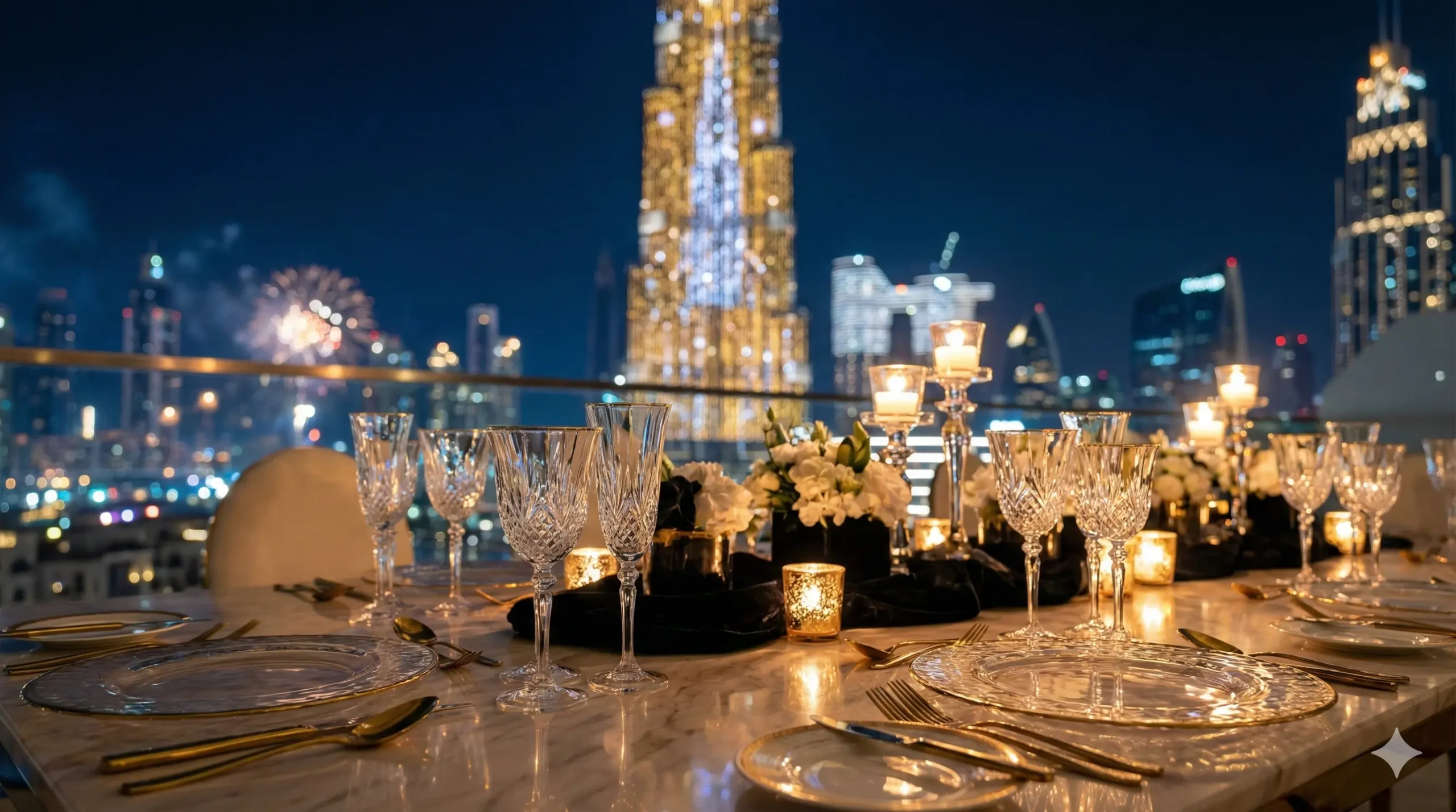 Luxury VIP table setting for New Year's Eve dinner in Dubai with Burj Khalifa view.