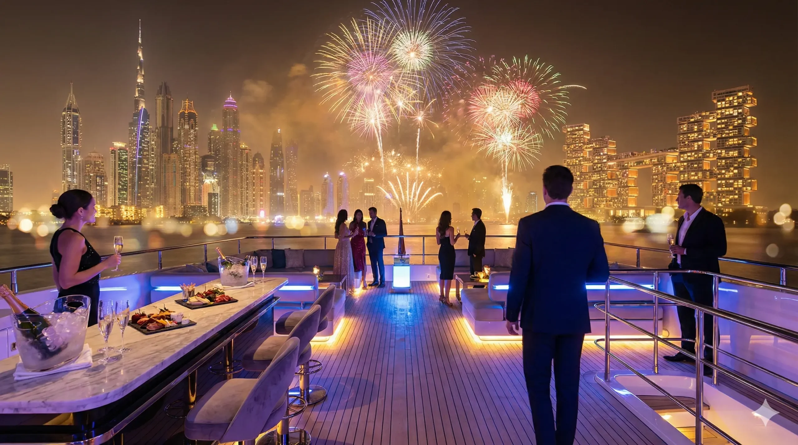 Luxury yacht deck party in Dubai Marina overlooking fireworks on New Year's Eve.