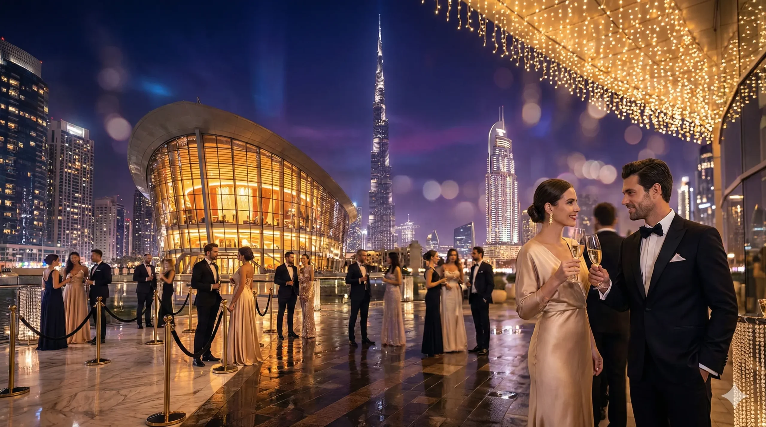 Dubai Opera House New Year's Eve Gala 2026 entrance with Burj Khalifa view.