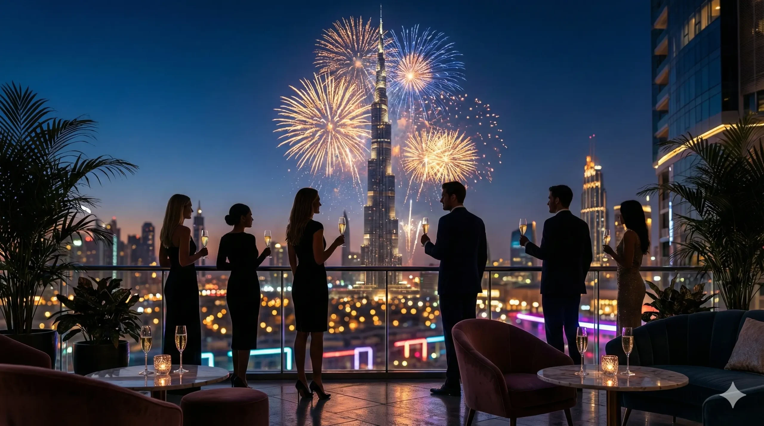 Viewing Burj Khalifa fireworks from Dubai Opera private promenade.
