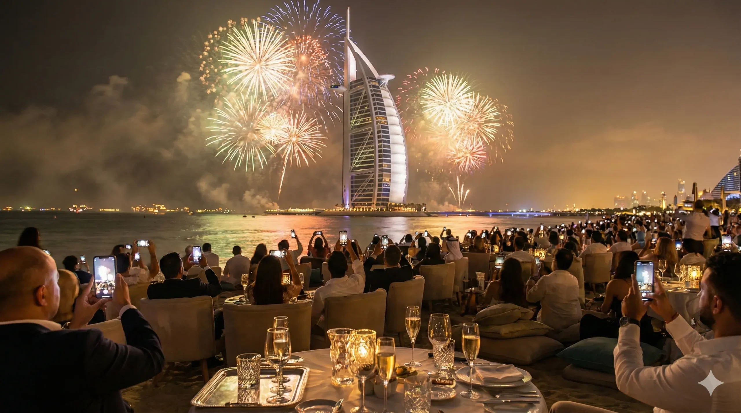 People watching Burj Al Arab New Year's Eve fireworks from Kite Beach Dubai.