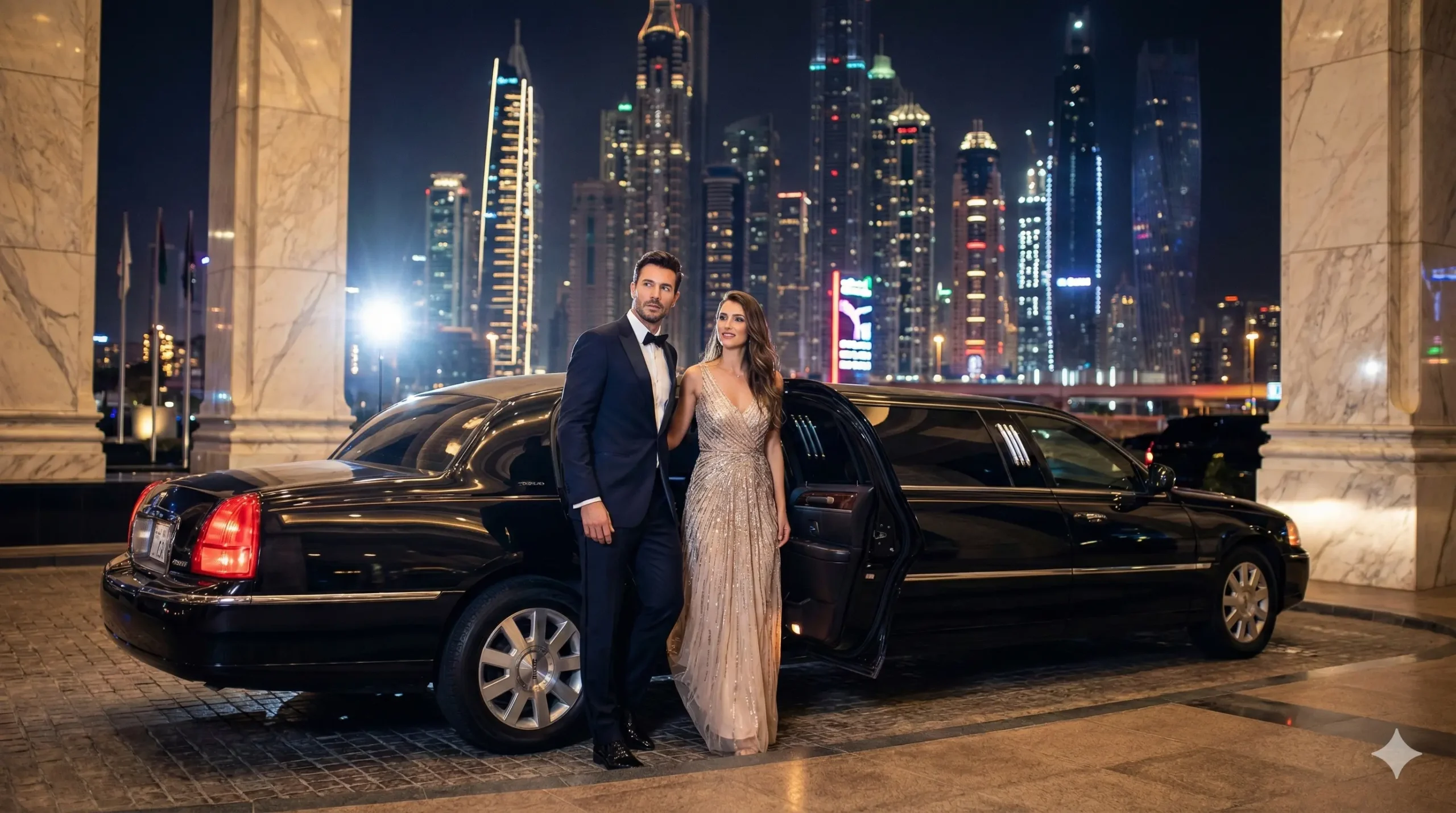 Couple arriving in a luxury car rental for a New Year's Eve gala in Dubai.