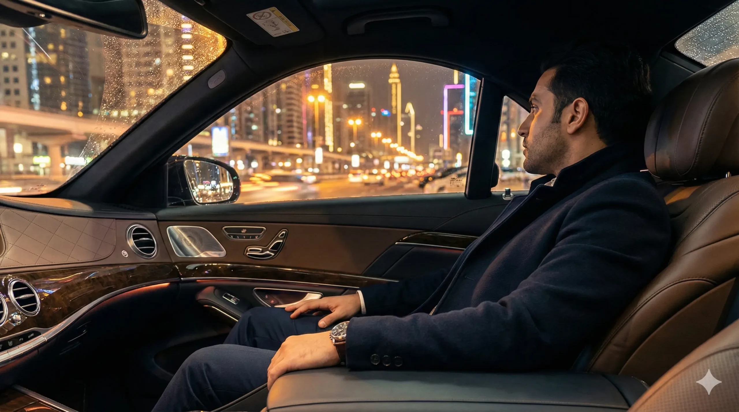 Private luxury chauffeur service for New Year's Eve transport in Dubai.