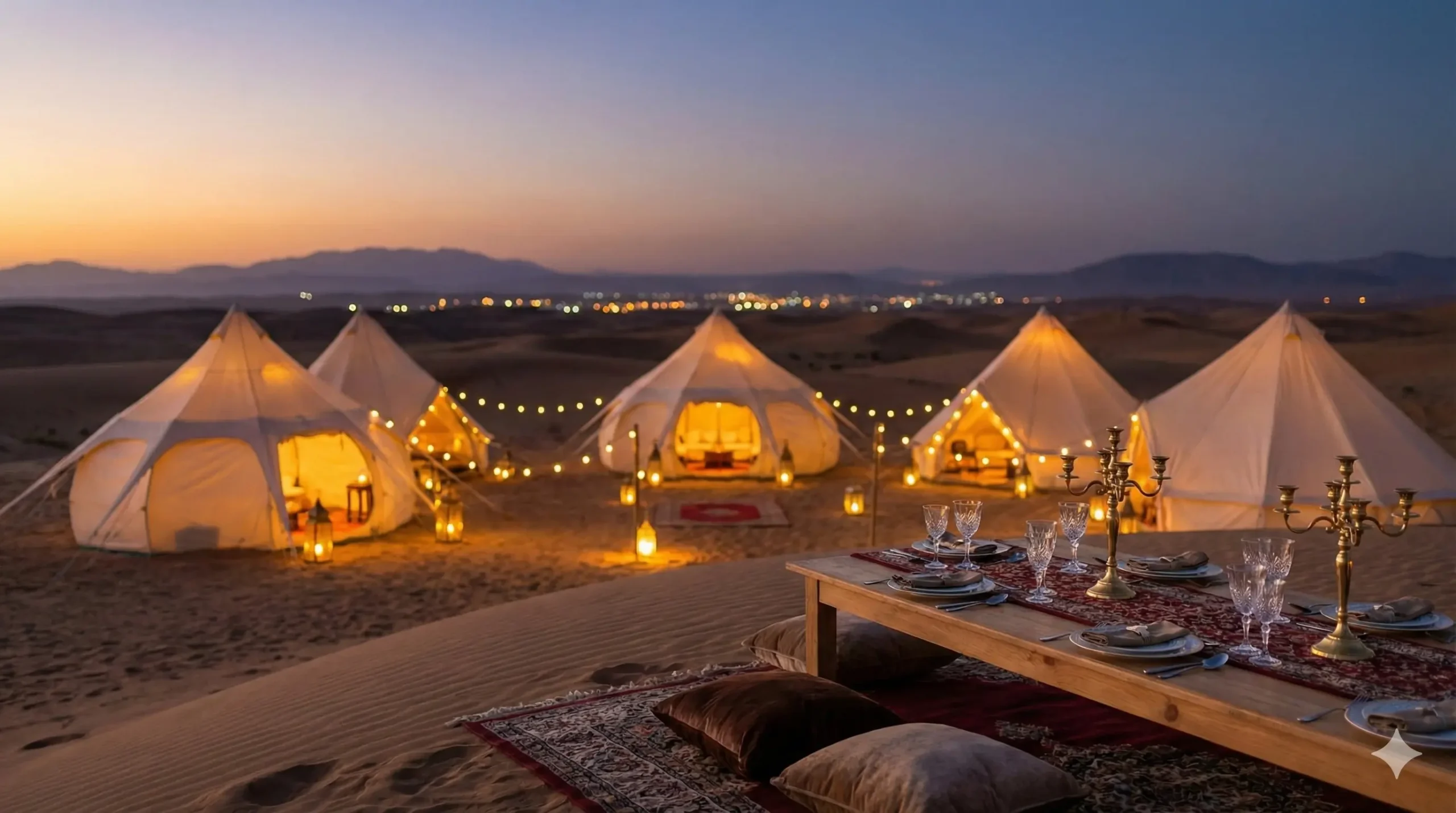 Luxury desert glamping setup in Dubai for New Year's Eve dinner.