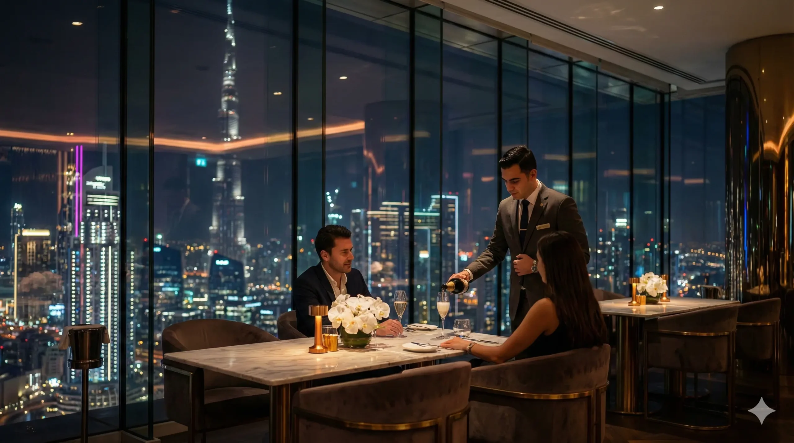 Luxury lounge interior with panoramic views of Dubai Downtown.