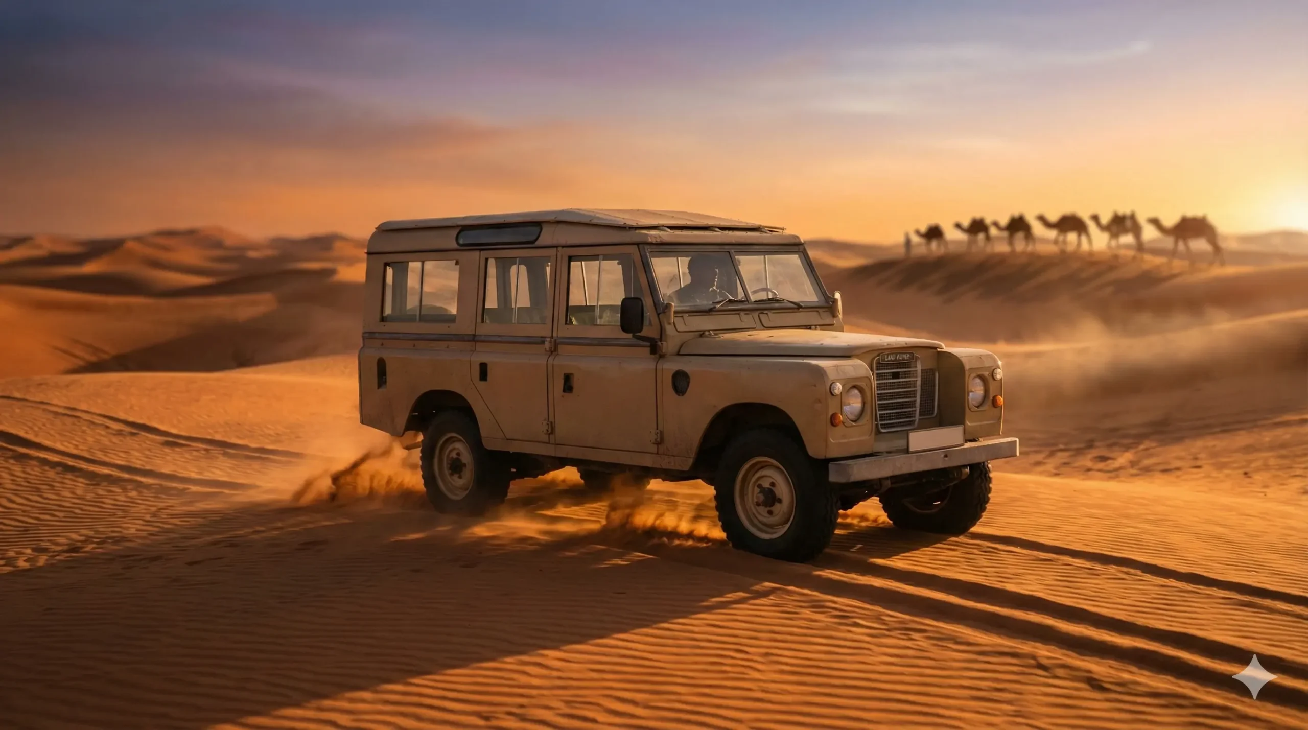 Vintage Land Rover desert safari tour in Dubai.