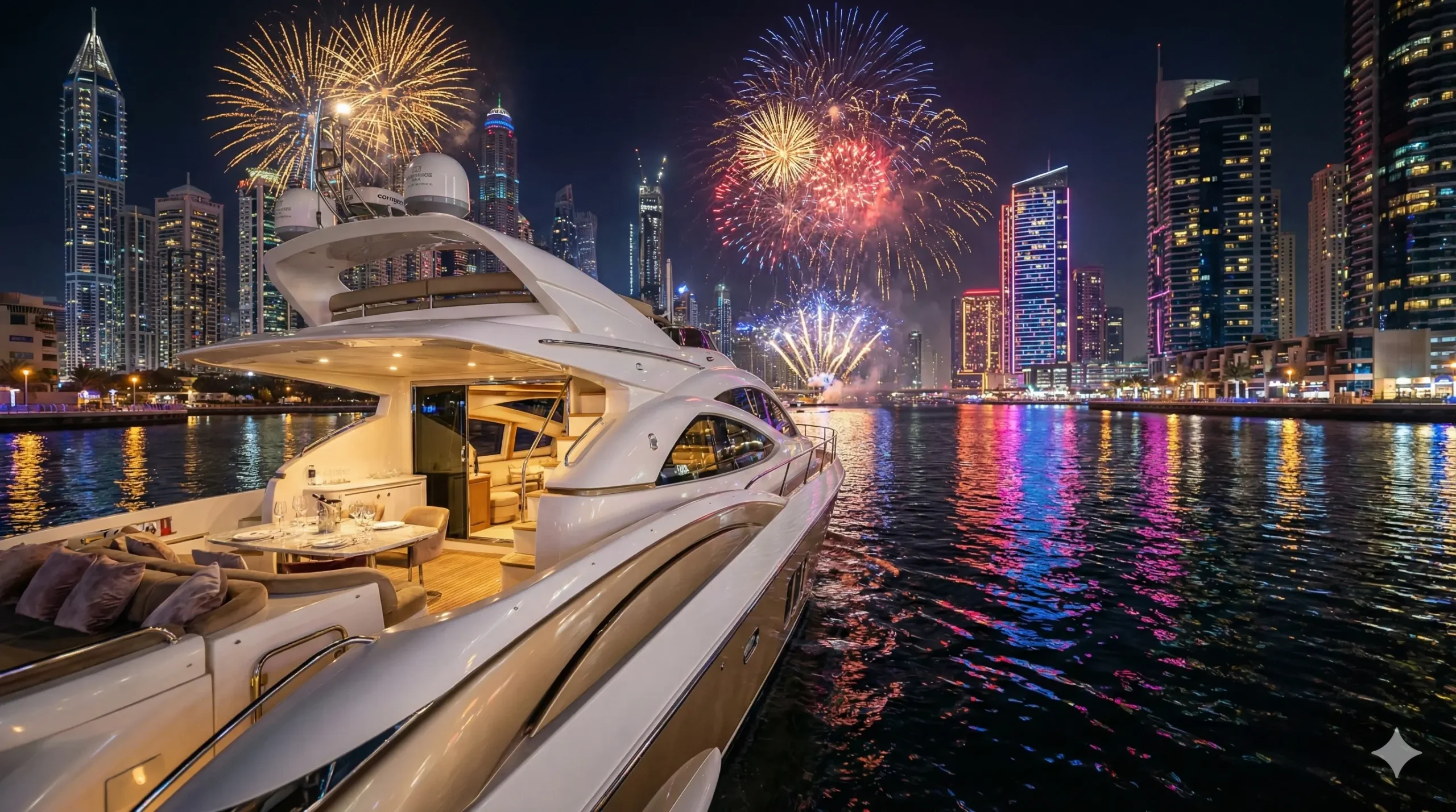 Private luxury yacht rental in Dubai Marina for New Year's Eve party 2026.