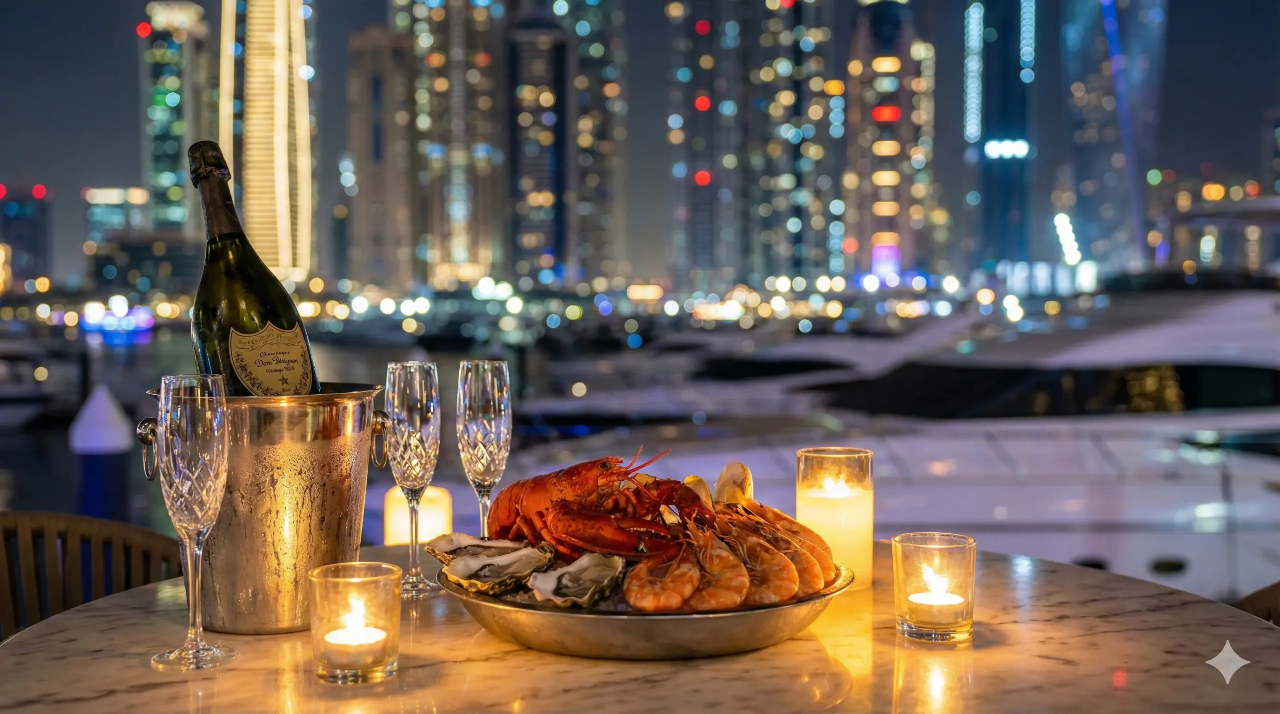 Premium catering and champagne setup on a private yacht in Dubai.